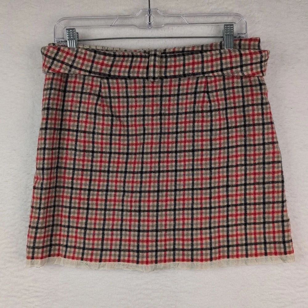 J. Crew Wool Mini Skirt Size‎ 10 Lined Belted Red Black Tan Plaid Pockets